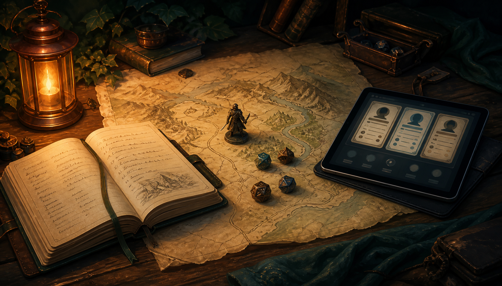 A lantern-lit gaming table with a campaign map, dice, a character journal and a tablet.